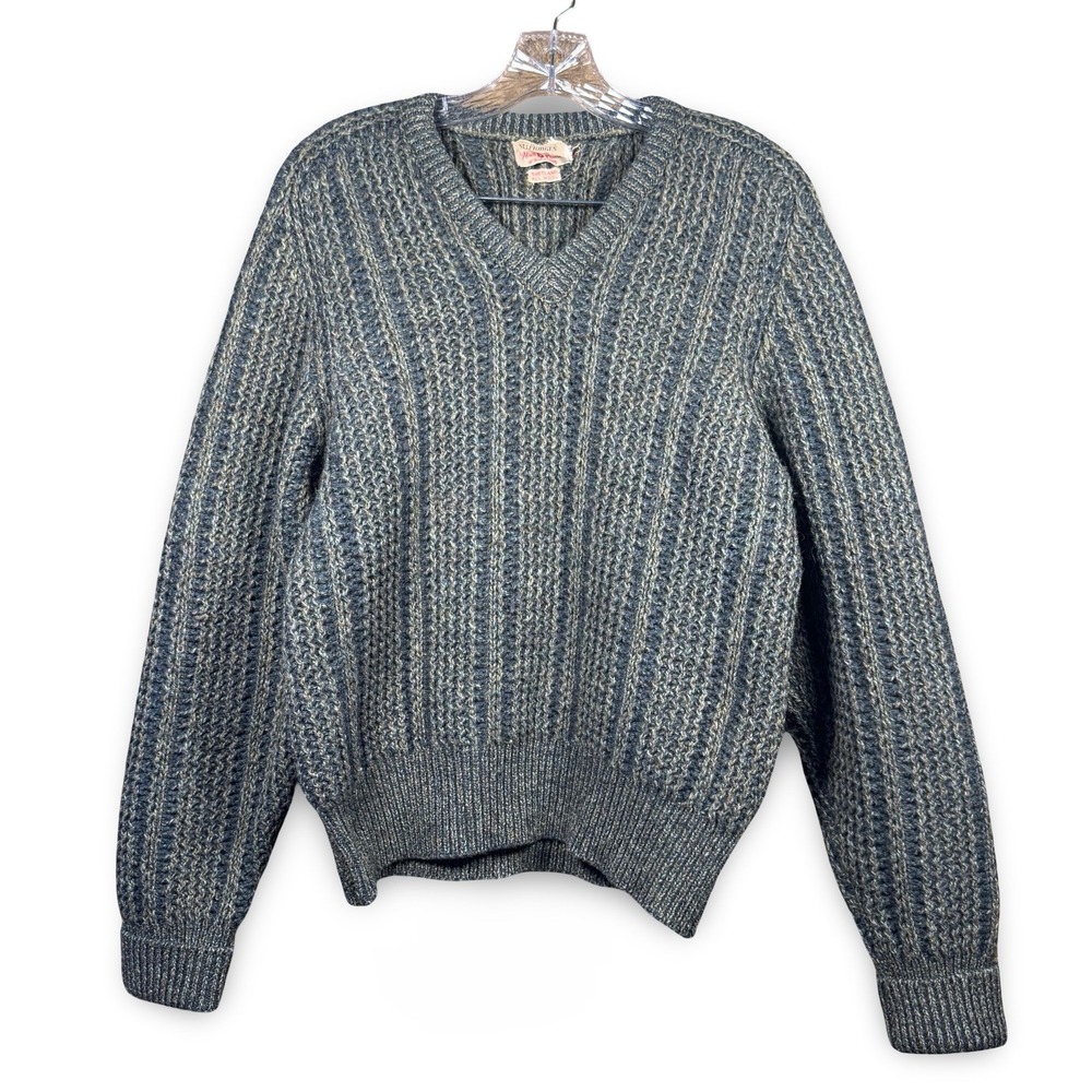 VTG Alan‎ Paine Wool Sweater Cable Knit 40 M EU Mens V Neck Green Blue Knit